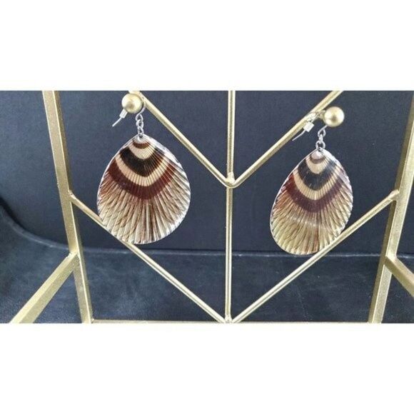 VINTAGE Jewelry- Large Boho Bohemian Brown Feather Dangle Pierced Earrings - Picture 7 of 8